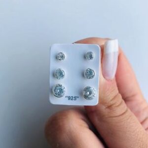 Trio De Brincos Embutidos Zircônia Cristal 3/4/5 mm Prata 925
