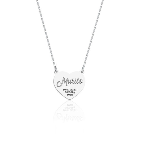 Colar Personalizado Coração Nome e Nascimento Prata 925