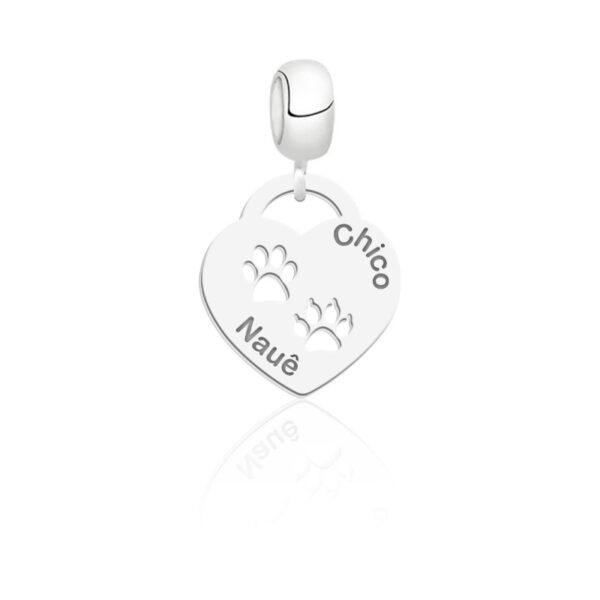 Berloque Personalizado Coração Com Alça 2 Patas (1 Cachorro e 1 Gato) Prata 925