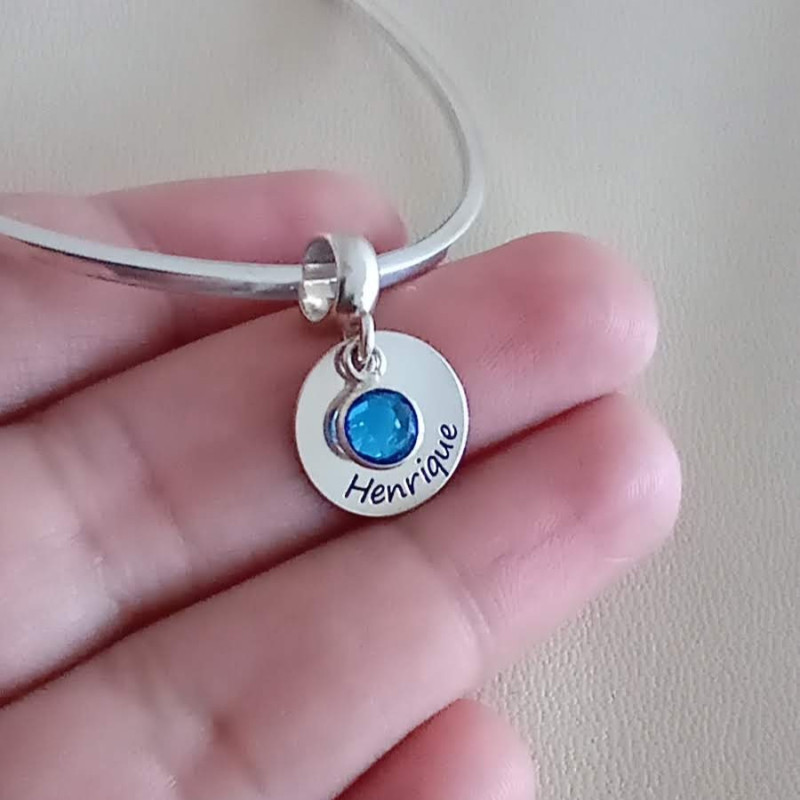 Berloque Personalizado Redondo Com Cristal Azul Pendurado Prata 925 - 10331 - Imagem 3
