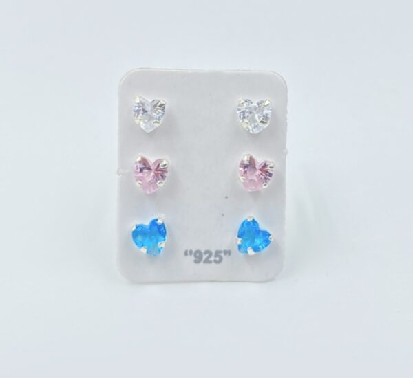 Trio Coração 4mm Cristal, Rosa , Azul Prata 925