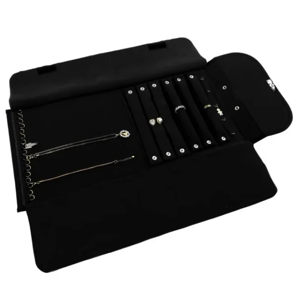 Pasta Mostruário Para Joias-Para 3 anéis e 3 Brincos 26x66cm Vinil Preto - Veludo Preto - Aba Veludo Preto
