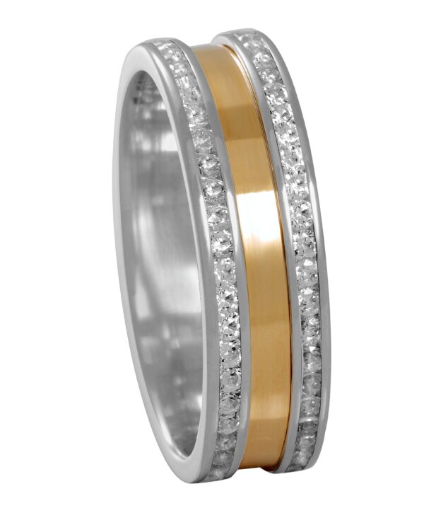 Aliança de Prata Anat. Reta c/ Chapa de AU e 2 Friso Cravejado 6.20MM - 2509