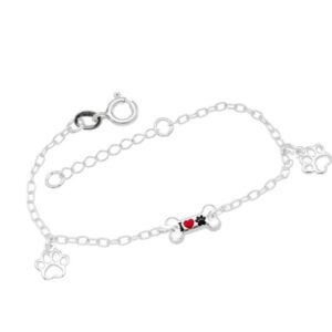 Pulseira Ossinho "I Coraçao Pata" c/ 2 Patinhas Vaz (Preto/Vermelho)10mm x 200mm Prata 925