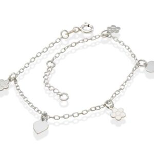 Pulseira AG c/ 2 Corações Lisos e 3 Flores Retas 10mm x 200mm Prata 925 04-6711CAG