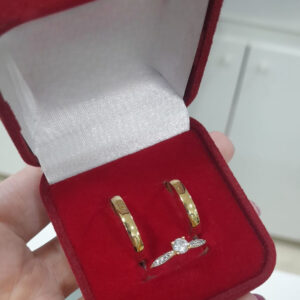 Kit Par Aliança + Solitária + Caixinha - Ouro 18k