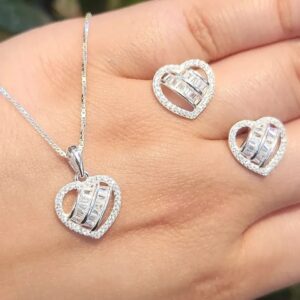 Colar + Brinco Coração Zircônia – Prata 925  127695