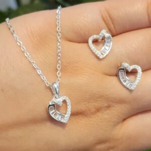 Colar + Brinco Coração Zircônia Cravejada - Prata 925
