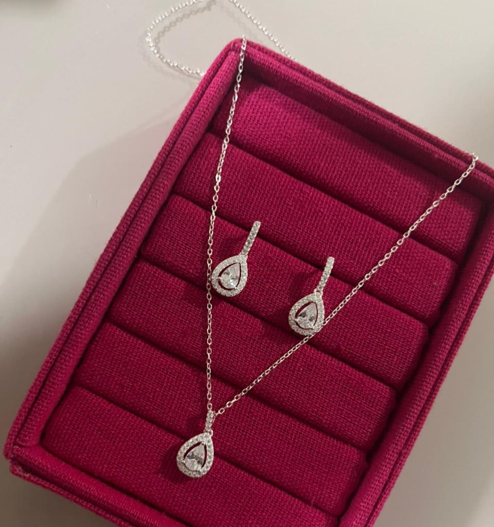 Colar + Brinco Pendulo Pedra Gota Borda Zircônia Cravejado - Prata 925 126758 - Imagem 3