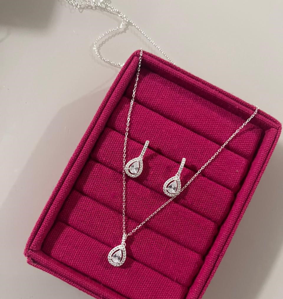 Colar + Brinco Pendulo Pedra Gota Borda Zircônia Cravejado - Prata 925 126758 - Imagem 5