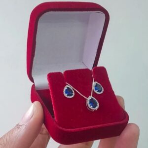 Colar + Brinco em Gota Zircônia Azul Cravejado -Prata 925