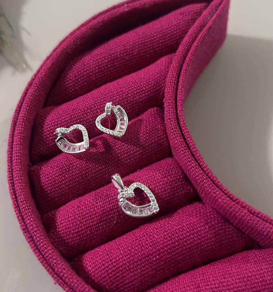 Colar + Brinco Coração Zircônia Cravejada - Prata 925 121180 - Imagem 4